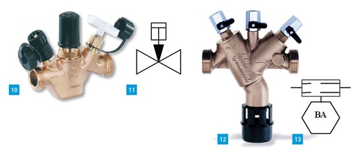 10 thermostatisches Zirkulationsventil.11 Kombinationssymbol thermostatisches Zirkulationsventil.12 Rohrtrenner BA.13 Rohrtrenner mit kontrollierbarer Mitteldruckzone BA.