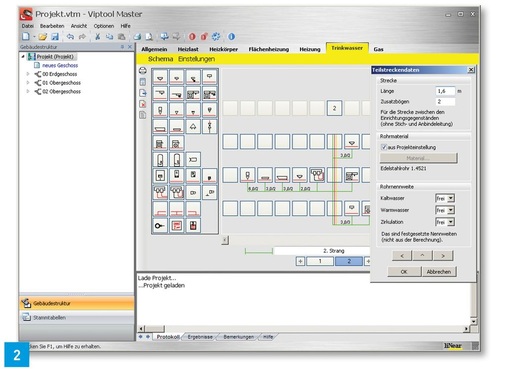 Automatisch entwickelt die Viega-Software in der Matrix das Strangschema; von Hand kann die Länge von Teilstrecken exakt eingetragen werden.