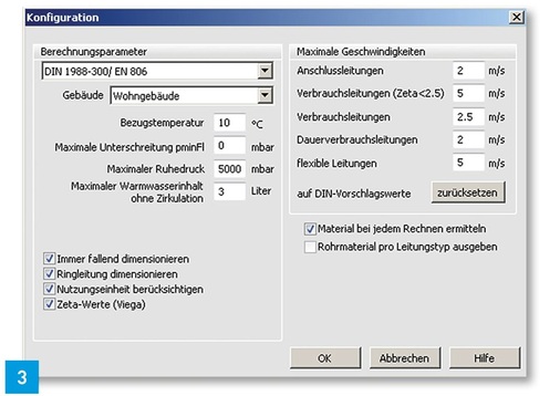 Die übersichtliche Maske der Viega-Software ist so aufgebaut, dass alle nach der neuen DIN 1988-300 notwendigen Einstellungen schon berücksichtigt sind.