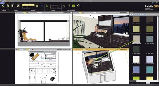 Die neue Oberfläche: Eine Farbe oder Material wird ausgewählt und mit ­gedrückter linker Maustaste auf den Stuhl gezogen. Dargestellt ist der Moment vor dem Loslassen des Materials. Das Objekt ist in ­allen vier Fenstern gleichzeitig markiert.