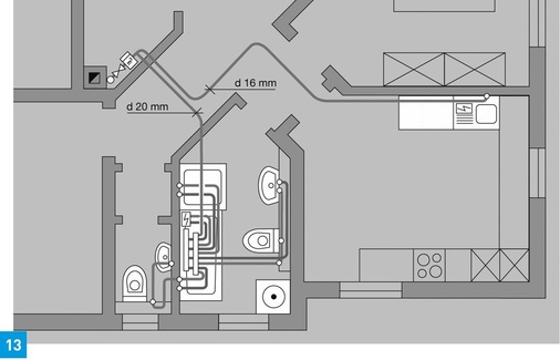 Grundriss einer Wohnung mit einer Kaltwasserleitung im Fußbodenaufbau zu einer Entnahmestelle in einer Küche.