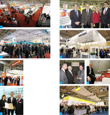 1 + 2 Die im BDH zusammengeschlossenen namhaften deutschen Heizkesselhersteller waren repräsentativ vertreten.3 Regelungstechnik und der hydraulische ­Abgleich von Heizungsanlagen standen auch in Hamburg im Fokus.4 GET Nord Architektur-Award in Gold für Geberit (v.l.): Karin Loosen (BDA Hamburg), Thomas Brückle (Geberit) und Bernd Aufderheide (Hamburg Messe).5 Pressekonferenz zur Handwerkermarke (v.l.): Industriesprecher Willi Hecking (Syr), ZVSHK-Präsident Manfred Stather, Miss Handwerkermarke Birgit Jünger (ZV) und ZVSHK-Hauptgeschäftsführer Elmar Esser.6 Keramag war der einzige Keramiker mit einem nennenswerten Stand. Die Ratinger zeigten, dass man sich auch auf 80-m²-Stand sehr gut präsentieren kann.7 Wenn die großen Armaturenhersteller nicht wollen (v.l.): Landesinnungsmeister Martin Ratzke und Geschäftsführer Hans Müller (SHK-Mecklenburg-Vorpommern) im Gespräch mit Ulrich Jahnke (Kaja).8 Hamburgs Landesinnungsmeister Fritz Schellhorn informierte sich über den Altersanzug auf dem Barrierefrei-Messestand von SHK-Berufsorganisation und Gentner Verlag.9 Bei Viega war man mit den Besucherstrom zufrieden. Marketingchef Dirk Thielker plädiert aber dafür, die GET Nord künftig von Mittwoch bis Freitag durchzuführen.