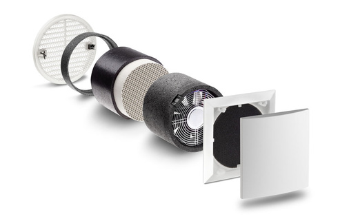 Explosionsbild des Lüfters e2 mit regenerativer Wärme­rückgewinnung von Lunos.