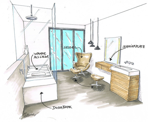 Niederlassen erwünscht: Bequem im Sessel, vorm Schminkplatz oder beim Duschen sitzen, auf der Wannenabdeckung liegen — für jegliche Entspannung ist gesorgt und das auf nur 12 m².