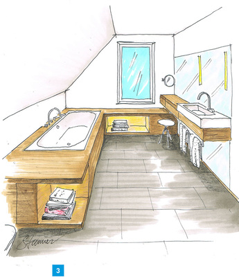 Bänke können Schlauchbädern optisch die Tiefe nehmen. Der Schreiner wird zum Subunternehmer — die Steuerung und Planung erfolgt durch den Badprofi.