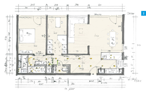 Wohnungsgrundriss nach der Einrichtungsplanung. Der ehemals trostlose Flur wurde aufgelöst und ist nun Bestandteil der Wohnung.