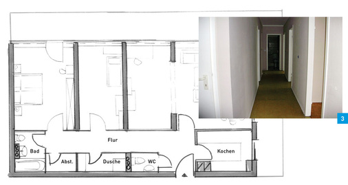 Wohnungsgrundriss mit den einzelnen Zellen im ­Originalzustand. Die Flursituation vor dem Umbau: lang und trostlos.