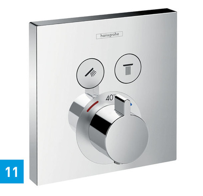 Duscharmatur Ecostat Select (Hansgrohe): Der Brausenthermostat bietet durch seine haptische und optische Rückmeldung eine intuitive Nutzbarkeit per Knopfdruck. Die unterschiedlichen Oberflächen von Wandrosette und Select-Tasten sowie gut sichtbare Symbole sind markant. Weitere Nutzungsvorteile ergeben sich durch Strahlart, Kennzeichnung der Temperatur und ergonomische Temperaturverstellung.