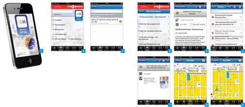 2 Auf der Ein­stiegsseite werden die unterschiedlichen Services angeboten.3 Volltextsuche, wenn man nicht genau weiß, wo­runter man suchen soll.4 Im Warengruppen-Verzeichnis sind die Aussteller nach Themengebieten sortiert.5 Auch die Veranstaltungen gibt es unter einem eigenen Unterpunkt.6 Die Aussteller-Merkliste kann man nach verschiedenen Kriterien sortieren.7 Weitere Infos bieten die verknüpften PDFDokumente des Katalogeintrags.8 Der gesuchte Stand wird im Hallenplan blau markiert.9 Der rote Pfeil zeigt die Marschrichtung zum gesuchten Stand.