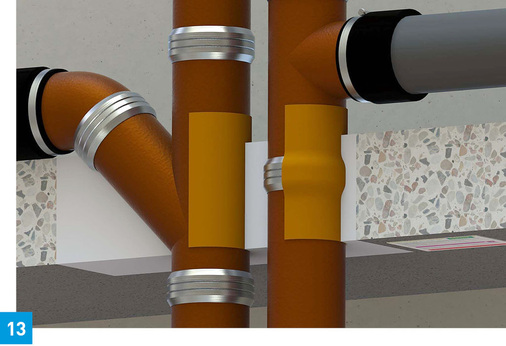 Ein Übergang von SML auf einen Mengering Fix oder Konfix-Verbinder direkt nach der Decke bei einem seitlichen Abgang ist mit der BIS Pacifyre SML Flex R90 erlaubt. Keine Dämmung oberhalb der Decke erforderlich.