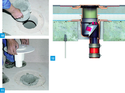 10 Das Trockenbauset ACO Fit-in wird in die Kernbohrung eingesetzt.<br />11 Einsetzen des Bodenablaufes in das Trockenbauset ACO Fit-in.<br />12 Bodenablauf mit ACO Fit-in in der Decke.