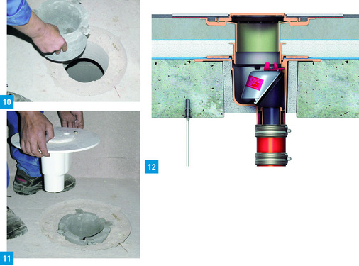 10 Das Trockenbauset ACO Fit-in wird in die Kernbohrung eingesetzt.11 Einsetzen des Bodenablaufes in das Trockenbauset ACO Fit-in.12 Bodenablauf mit ACO Fit-in in der Decke.