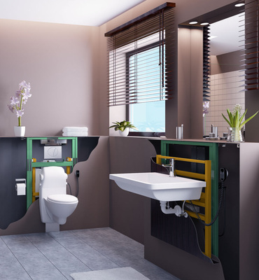 Für ein anpassungsfähiges Badezimmer ist ein höhenverstellbares WC- und Waschtischelement fast unverzichtbar, da es sich individuell für die Nutzer einrichten lässt.