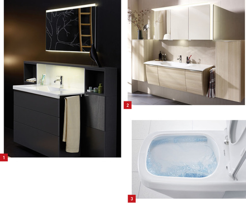 1 Modulares Badmöbelsystem Conceptwall: die Schrankwand, die das Bad zum Wohnraum macht.2 Gewölbte Fronten sind das Markenzeichen des überarbeiteten und ergänzten Badmöbelprogramms Cala.3 Effiziente Spülung, optimale Hygiene: DuraStyle rimless vereint Funktion und Design.