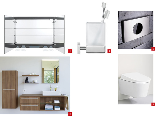 1 Brillantes Klangerlebnis im Bad: Duravit integriert ein hochwertiges Soundsystem in Spiegelschränke. 2 X-Large: Möbelserie mit vielen Kombinationsmöglichkeiten. 3 Karree setzt auf Ecken und Kanten: ­Accessoire-Serie als moderner Blickfang im Bad.4 Die WC-Betätigung Geberit Sigma 10 ­präsentiert sich mit überarbeitetem Design und neuer Spül-Stopp-Auslösung.5 Geberit AquaClean Sela vereint raffinierte Technik mit einer ästhetisch schlichten Form.