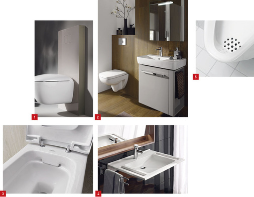 1 Neues WC-­Vorwandelement: Universal von ­Keramag.2 Raumsparprogramm: Renova Nr. 1 Comprimo Neu.3 Spülrandlose WC-Hygiene jetzt schon für vier ­Keramag-Serien.4 Barrierefrei: neues Waschtisch-Konzept Agilo aus Varicor.5 Alivio: Urinal-Konzept mit kera­mischen Sieben.
