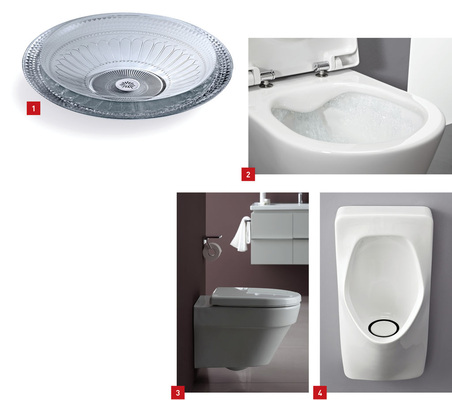 1 Waschschale Pallene aus Glas von Kohler.2 Spülrandloses WC von Laufen.3 Neues WC von Laufen spült mit 2 l.4 Urinal für repräsentative Sanitärbereiche.