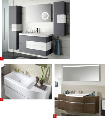 1 Ein Gestaltungsbeispiel aus der Serie Pelayo von ­Saniku in Anthrazit mit weißen Kontrastelementen.2 Fließende Übergänge: das Badmöbelprogramm ­CantoBay von Sanipa.3 Das Badmöbelprogramm CurveBay kommt auch kurvig daher.