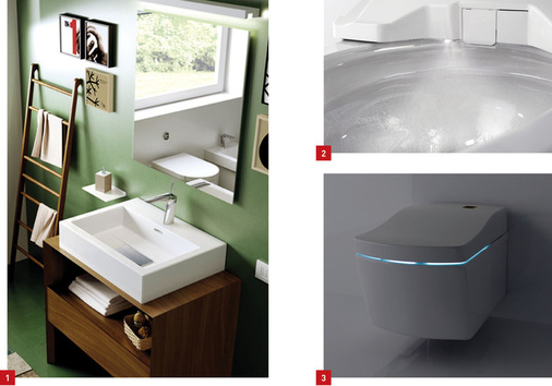 1 Badezimmer-Kollektion Suit von Teuco.2 Selbstreinigende Funktionen für Dusch-WCs von Toto: Die Toilettenschüssel wird mit einem feinen Wassernebel mehrfach benetzt.3 Laut Toto kann man hier auf die Toilettenbürste verzichten: Die neue Oberflächenbeschichtung in Verbindung mit Sonneneinstrahlung (UV-Lampe) löst einen photokatalytischen Prozess aus.