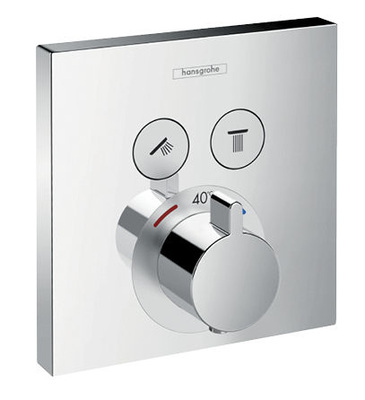 Duscharmatur Ecostat Select (Hansgrohe): Der Brausenthermostat bietet durch seine haptische und optische Rückmeldung eine intuitive Nutzbarkeit per Knopfdruck. Die unterschiedlichen Oberflächen von Wandrosette und Select-Tasten sowie gut sichtbare Symbole sind markant. Weitere Nutzungsvorteile ergeben sich durch Strahlart, Kennzeichnung der Temperatur und ergonomische Temperaturverstellung.