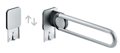 Montagesystem für Stützklappgriffe ­A-Flex (FSB): Das System für Stützklappgriffe und Dusch-Klappsitze des FSB ErgoSystems bietet eine bedarfsorientierte Anwendung, denn für eine Nichtbenutzung gibt es eine Abdeckplatte. Je nach Bedarf können Stützklappgriff oder Duschsitz mühelos in die wandmontierte Trägerplatte eingeschoben werden — was besonders im Gastgewerbe von Interesse ist.