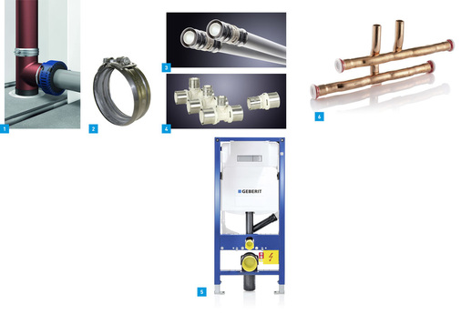 1 Curaflam Konfix Pro von Doyma ist ein DIBt-geprüftes Brandschutzsystem für die Abschottung von Mischinstallationen auf dem Konfix-Verbinder.2 Die Düker-Gussrohrverbinder sind jetzt mit dem Gütesiegel der Gütegemeinschaft Entwässerungstechnik Guss versehen.3 Neue Formteile aus PPSU erweitern das System Alpex L der ­Fränkischen Rohrwerke für große Dimensionen von 40 bis 75 mm.4 Das Trinkwasser- und Heizungsinstallationssystem Alpex F50 ­Profi von den Fränkischen Rohrwerken ist in den Dimensionen 16 bis 32 mm durchflussoptimiert.5 Das neue Geberit-WC-Montageelement erleichtert die Installation von Komfortfunktionen mit Stromversorgung – auch im Nachhinein.6 Geberit-Mapress-Kupfer-Heizkörperanschlüsse standardisieren den Anschluss von Radiatoren im Sockelbereich.