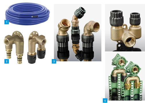 1 Vorgedämmte Metallverbundrohre für die Systeme Geberit Mepla und Geberit PushFit mit 13-mm-Dämmschichtdicke.2 Doppelarmaturenanschlüsse 90° für die Rohrleitungssysteme Geberit Mepla und Geberit PushFit.3 Mit den neuen JRG Sanipex MT-innen/außen-Fittings und Übergängen können kürzere Einbaulängen realisiert werden.4 JRG Sanipex MT-Armaturenanschlüsse reduziert und JRG Sanipex-Doppeldosen d20 zum hygienischen Durchschleifen der Trinkwasserinstallation.