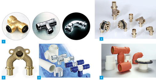 1 IBP präsentierte auf der ISH mit B Push, B Press Inox und B Press Carbon gleich drei neue Produkte seiner Marke Conex Bänninger.2 Der Wandwinkel mit U-Durchgang aus dem Prineto-Fittingprogramm von IVT ermöglicht in Trinkwasserinstallationen die Ausführung von durchströmten Stockwerksleitungen ohne zusätzliche Formteile.3 Das Sortiment von Multitubo Systems umfasst jetzt fünf Verbindungsarten für das Mehrschichtverbundrohr.4 Rehau hat die Fittings Rautitan MX aus entzinkungsbeständigem Sondermessing durch Fittings aus Rotguss ersetzt.5 Neue, zusätzliche Formteile runden das vollpolymere System Fusapex von Rehau ab.