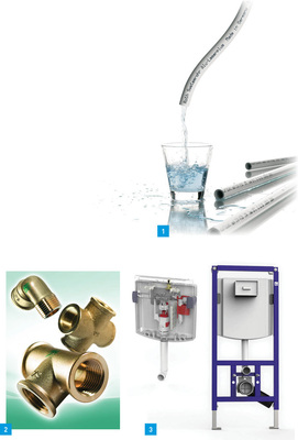 1 Das Roth-Trinkwasser-Installationssystem ist für alle Trinkwasserqualitäten einsetzbar.2 Die Gewindefittings der Purafit-Reihe von Sanha bestehen aus blei­­freier Siliziumbronze.3 Premiere auf der ISH: Sanit stellte die neue UP-Spülkasten-Generation Ineo mit multifunktionaler Spülauslösung vor, die ­unter ­anderem im WC-­Element Ineo Plus zum ­Einsatz kommt.