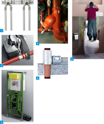 1 Die Uponor U-Wandscheiben werden sowohl für die Installationen mit dem Uponor-Verbundrohr als auch mit dem Uponor-PE-Xa-Rohr angeboten.2 Das flexible Polybuten-Rohr für die Fonterra-Flächentemperiersyteme von Viega ist jetzt in fünf Dimensionen von 12 bis 25 mm Außendurchmesser lieferbar.3 Per Knopfdruck, aber stromlos, wird mit dem neuen Eco Plus-Element die Sitzhöhe des WCs im Bereich von 41 cm bis 49 cm individuell eingestellt.4 Victaulic präsentierte mechanische Verbindungen für Rohrleitungssysteme der Größe 350 bis 1525 mm sowie Betriebsraumlösungen für Heizungs-, Lüftungs- und Klimapumpen.5 Zur Abschottung von Konstruktionen mit Übergang SML- auf Kunststoffrohr bietet Walraven mit dem BIS Pacifyre SML-MI Brandschutz-Set eine zulassungskonforme Lösung.6 Das BIS Vario WC DeLuxe 30 ist elektrisch verstellbar und dient so gleichzeitig als Setz- und Aufstehhilfe.