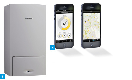 3 Installation und Wartung der Cerapur-4 hat Junkers vereinfacht: Alle elektrischen Anschlüsse sind von vorne zugänglich. 4 Die App Junkers Multihome zeigt den Status von Junkershome-Anlagen an und blendet diese zur Routenplanung auch in Google Maps ein.