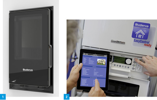 1 Die Doppelverglasung der neuen Heizeinsätze verhindert, dass zu viel Wärme an den Wohnraum abgegeben wird. <br />2 Mit den neuen Buderus-Apps können Handwerkspartner ihre Kunden vor Ort oder auf der Baustelle jetzt optimal beraten, Fragen direkt beantworten und Angebote erstellen.