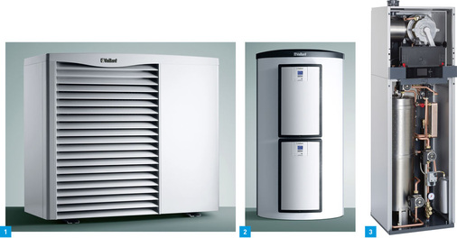 1 Das Preis-Leistungs-Verhältnis der Arotherm Wärmepume soll Endgebrauchern die Erweiterung der Heizanlage mit regenerativen Energien leicht machen.2 Multi-Funktionsspeicher Allstor von Vaillant eignen sich für Kaskadenlösungen bis 6000 l ­Fassungsvermögen.3 Vitosorp 200-F von Viessmann besteht aus einem Zeolith-Wärmepumpenmodul und einem Gas-Brennwertgerät in einem kompakten Gehäuse.