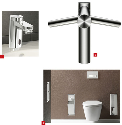 1 Selbstschluss-Armatur Aura von Benkiser mit elektronischer oder manueller Auslösung.2 Weltpremiere: Der Händetrockner ­Dyson Airblade Tap wäscht und trocknet die Hände.3 Insgesamt acht Produktneuheiten gab es zur ISH für das Raumsystem Asis von Emco.