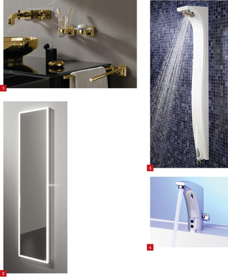 1 Klassik pur im Badezimmer mit Accessoires der Serie Classic von Emco.2 „Spieglein, Spieglein an der Wand, Du bist der schönste Emco-Lichtspiegel im Land.“3 Duschpaneel Smartwave von Franke: die erfrischende Welle im Duschraum.4 Protronic-T-Waschtischarmaturen lassen den Händen ausreichend Platz zum ­Waschen.