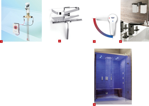 1 Der Franke-Einhebelmischer Aquafit ist mit optionaler Hygieneeinheit erhältlich.2 Platz für Wischer und Rasierer: das Eckmodell Newport ­ von Giese.3 Kartuschentechnologie SilkMove ES von Grohe kombiniert Bedienkomfort mit Energie­sparfunktion.4 Black is beautiful: Mit der neuen Allure Brilliant in SuperBlack hält strahlend schwarze Eleganz Einzug in die Spa-Kollektion von Grohe.5 Schöne neue Welt: Mit den Spa-F-digital-Deluxe-Modulen wird die herkömmliche Dusche um moderne Spa-Funktionen ­erweitert.