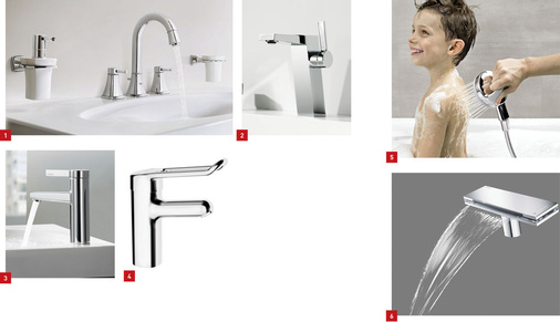 1 Die elegante Linie Grandera von Grohe umgibt ein Hauch von Luxus.<br />2 Hansaloft mit seitlichem Bedienhebel: ­minimalistisch-kubisch.<br />3 Hansaloft mit zentralem Bedienhebel: ­zylindrisch, schlank.<br />4 Die Medipro wurde für Kliniken und ­Pflegeeinrichtungen konzipiert.<br />5 Die Handbrause Medijet Flex ­wurde von Hansa für den Pflegebereich ­entwickelt, macht sich aber auch im ­Familienbad gut.<br />6 Nähert sich jemand der Armatur, wird die Beleuchtung aktiviert: Murano X.