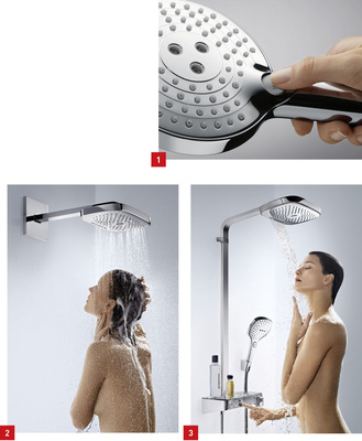 1 Individueller Wassergenuss auf Knopfdruck: Mit den neuen Raindance-Select-Handbrausen entwickelt Hansgrohe das Duscherlebnis weiter.2 Die neue Kopfbrause Raindance Select E 300 3jet verwöhnt den Duschenden mit drei Strahlarten.3 Raindance Select E 300 3jet Showerpipe.