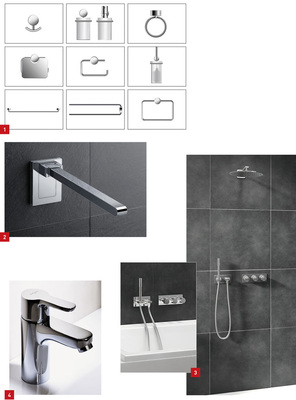 1 System 815: neues Sanitärprogramm von Hewi.2 Bei Bedarf wird der Stützklappgriff einfach in die fest installierte Wandplatte eingerastet.3 Mit der Designvariante Soft präsentiert Ideal Standard die Erweiterung des modularen Armaturen-Systems Archimodule.4 Die Armaturenserie Magis von Kaja-Sanitär-Armaturen hält Armaturen für Waschtisch und Wanne bereit.