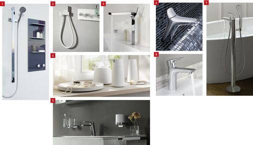 1 meTime_spa: Die Armaturenpaneele von Keuco können individuell platziert und ausgestattet werden.2 Mit dem Gussschlauch lassen sich gesundheitsfördernde Wechselgüsse auch im heimischen Bad ausführen.3 Der hohe Einhebel-Waschtischmischer XL bietet einen großen Zugriffsbereich am Waschtisch.4 Blickfang im Bad: freistehende Porzellan-Accessoires der Edition 11.5 Komplettes Armaturen- und Accessoires-Programm: Collection Moll von Keuco.6 Amba: neue Badarmaturen- und Accessoires-Serie von Kludi.7 Freistehende Wannenfüll- und Brausearmatur Balance mit großen und planen Flächen.8 Neuer Name, neues Design und neuer Preis: Armaturenserie Objekta.