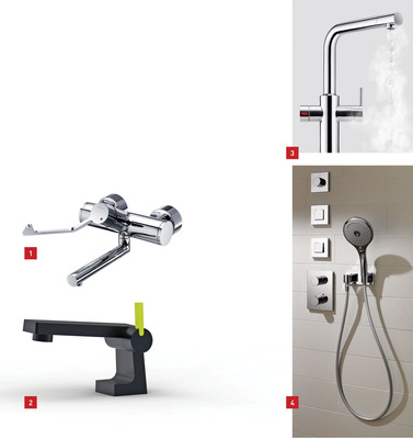 1 Für den Einsatz in Kliniken und Arzt­praxen hat Schell mit Vitus Wandauslauf-Armaturen mit langem Auslauf im Programm.2 Armaturen-Serie 240 von Steinberg nach dem Swatch-Prinzip: Die einzelnen Komponenten sind in unterschiedlichen Farben verfügbar.3 Die Kochendwasser-Automat Snu hot von Stiebel Eltron.4 Flexibles Dusch-System von Toto.