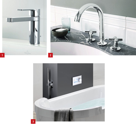 1 Armaturenserie Just, ein geradliniger Allrounder.2 LaFleur classique, ­zeitlose Eleganz mit Kreuzgriff.3 Die Füllautomatik der SanTec Ocean B7 von WimTec sorgt nun für die gewünschte Füllmenge in der Wanne.