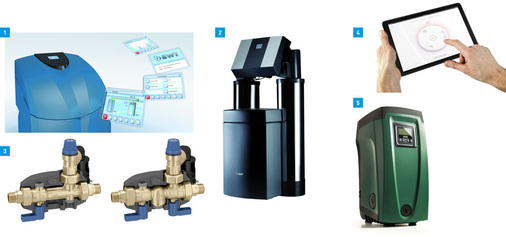 1 Bei der neuen AQA perla-Weichwasser­anlagen-Generation hat BWT die Hygiene­vorkehrungen verbessert und die Technik ­unter Sicherheitsaspekten optimiert.2 Beim Trinkwasser-Großenthärter Rondomat Duo H setzt BWT erstmals auf anorganisches synthetisches Ionenaustauschermaterial.3 Die Sical-Sicherheitsgruppe zur normgerechten Absicherung von Brauchwasser­speichern bietet Caleffi in zwei Versionen an.4 Unter dem Motto „Energieeffizienz und Warmwasserkomfort mit Durchlauferhitzern“ präsentierte Clage die Konzept-Darstellung Smart Home.5 E.sybox von DAB Pumpen ist ein komplettes System zur Wasserdruckerhöhung in Häusern und Wohnanlagen in einer Box.