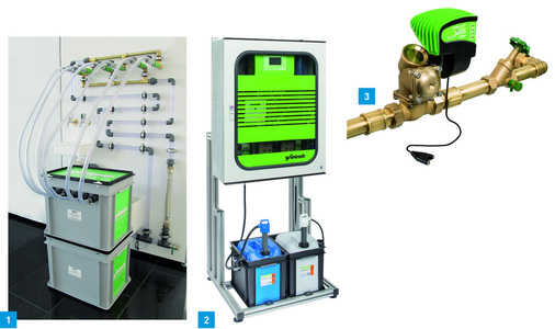 1 Grünbeck ergänzt das Produktprogramm für Spülung und Sanierung um einen Spülwasser-Entspannungsbehälter zur beruhigten Ableitung des Spülwassers.2 Die Chlordioxid-Erzeugungsanlage Geno-Baktox MRX/RX/X gibt es in sechs Größenklassen mit einer Behandlungskapazität bis zu 50 m³/h.

3 Grünbeck ergänzt das Produktprogramm für die Haustechnik-Installation um die ­Sicherheitsarmatur Geno-Stop, die mittels Feuchtesensoren bei unkontrolliertem Wasseraustritt automatisch für die Absperrung der Wasserzufuhr sorgt.