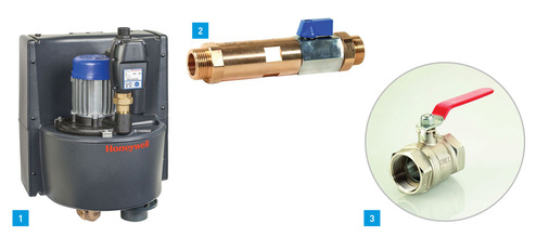 1 Die Sicherheitstrennstation CBU 140 von Honeywell sorgt für eine hygienische Trennung von Trinkwasser und Flüssigkeiten der Kategorie 5 nach DIN EN 1717.2 Das Stockwerksregulierventil Alwa-Comfort von Honeywell eignet sich für den hydraulischen Abgleich in Stockwerksleitungen und kleineren Warmwasser-Zirkulationskreisen.3 Die IBP-Kugelhähne mit Hebel- oder Flügelgriff sind einsetzbar für Wasser- und Heizungssysteme.