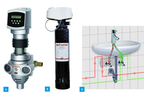 4 Judo hat die Trinkwasser-Schutzfilter der ­Keimschutzklasse in ihren automatischen Aus­führungen weiterentwickelt.5 Die Judo-Heifi-Repure 5000 liefert salzarmes Wasser nach VDI 2035 für die Heizungsanlage.6 Mit HyTwin haben Schell und Kemper ein neues ­Hygiene-System zur Vermeidung von Stagnation an Waschtisch­armaturen entwickelt.