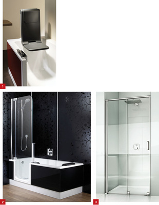 1 Auch mit Nachrüstsatz: Die DuschBadewanne Artlift mit Komfort-Hebesitz. 2 Mit der Artwall gelingen Teilsanierungen von Badezimmern in Rekordtempo – und alles liegt in der Hand des Sanitärfachmanns.3 Die neue Duschabtrennungsserie High­line+ bringt alles auf Schiene.
