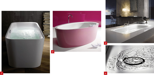 1 BetteArt: freistehend, fugenlos und mit schmalem Rand.2 Mit einer zweifarbigen Emaillierung zelebriert BetteBicolour die Fugenlosigkeit freistehender Wannen.3 Alles im Fluss bei der Badewanne Lux: aus der Fläche in die organische Form. 4 Bei der BetteFloor Side ist der Ablauf seitlich zur Wand versetzt.