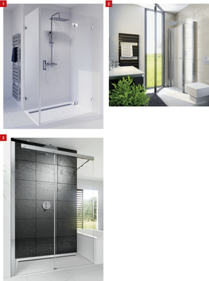 1 HSK erweitert das Rahmenlos-Programm: Softcube Pur mit 8-mm-Echtglas.2 Kleines Bad ganz groß: Mit der Exklusiv-Profil-Drehfaltlösung von HSK ist ein Duschbereich selbst im kleinsten Badezimmer kein Problem mehr. 3 Walk-in-Gleittürlösung der Duschkabinenserien K2 und K2P von HSK.