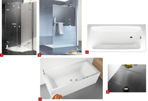 1 Facelifting: die Hüppe-Enjoy in neuem Design.2 Hüppe-Duplo pure für den preisorientierten Wettbewerb.3 Eine neue Innenform für das komfortable Bad zu zweit erweitert die erfolgreiche Puro-Wannenfamilie von Kaldewei.4 Mit Cayono ergänzt Kaldewei sein Portfolio um eine komfortable Badewanne.5 Die erste nahezu unsichtbare rutschhemmende Oberflächenvergütung für emaillierte Duschflächen aus Stahl-Email 3,5 mm.